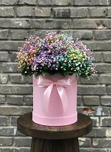 Цветочная композиция из Гипсофила и Розы в шляпной коробке в Шеметово Сергиево-Посадского района