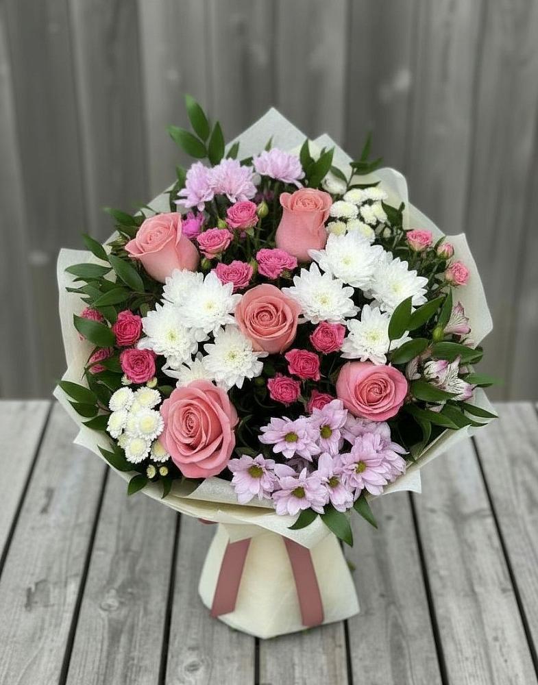 Букет цветов из: Альстромерии, Гвоздики, Розы и Хризантемы в Шеметово Сергиево-Посадского района