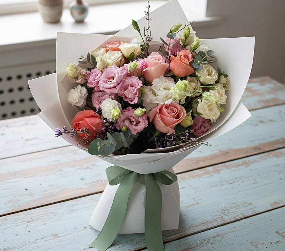 Букет цветов из: Розы, Лизиантусы и Гвоздики в Шеметово Сергиево-Посадского района