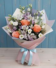 Букет цветов из:  Лизиантусы, Розы, Альстромерии и Гипсофила в Шеметово Сергиево-Посадского района