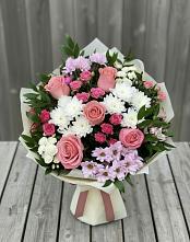 Букет цветов из:  Альстромерии, Гвоздики, Розы и Хризантемы в Шеметово Сергиево-Посадского района