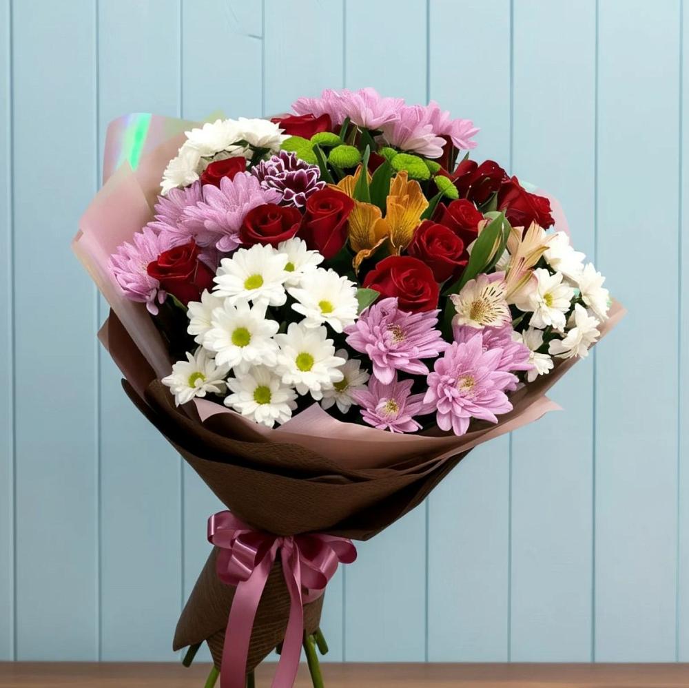 Букет цветов из: Розы, Хризантемы и Альстромерии в Шеметово Сергиево-Посадского района