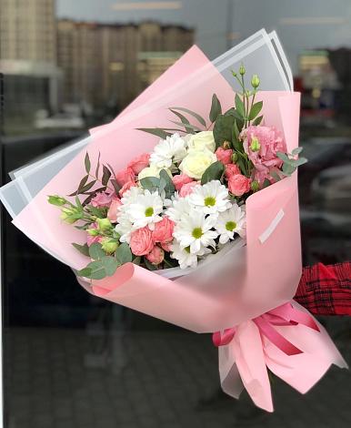 Букет цветов из: Розы, Лизиантусы и Хризантемы в Шеметово Сергиево-Посадского района
