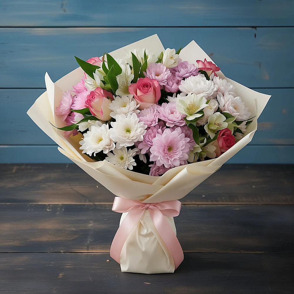 Букет цветов из: Хризантемы, Альстромерии и Розы в Шеметово Сергиево-Посадского района